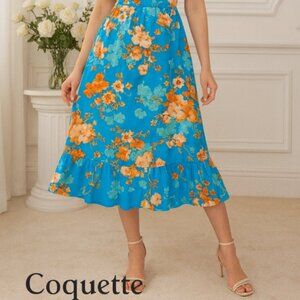 Coquette Floral Ruffle Midi Skirt L Blue Peach Garden Party Resortcore Spring